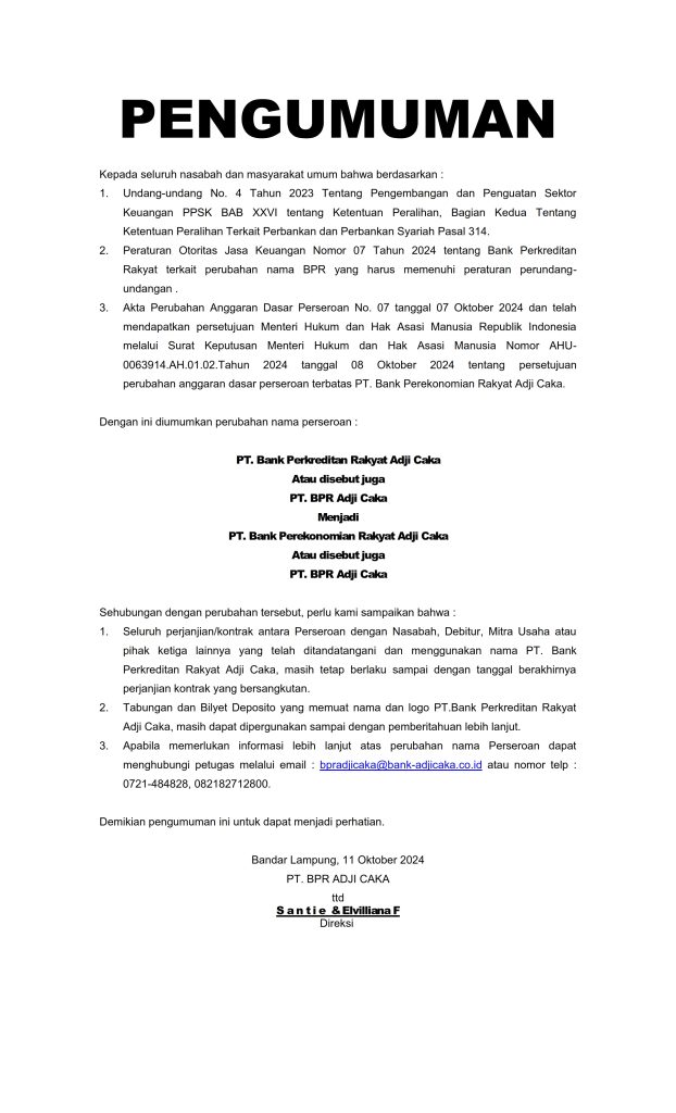 Perubahan Nomenklatur BPR 2024