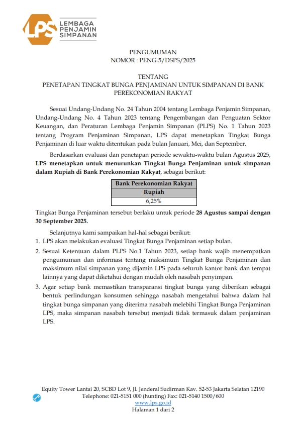 Tingkat Suku Bunga LPS 01 Agt 2025