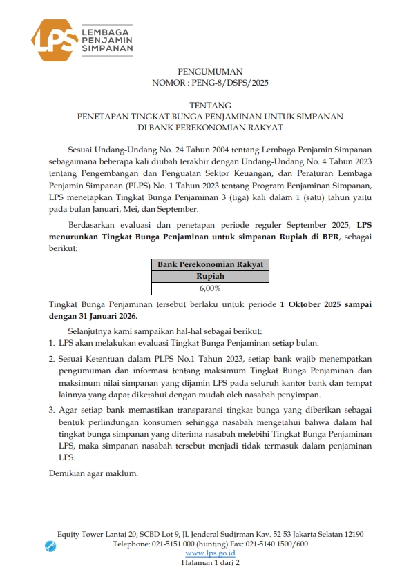 Tingkat Suku Bunga LPS 01 Okt 2025 s/d 31 Jan 2026
