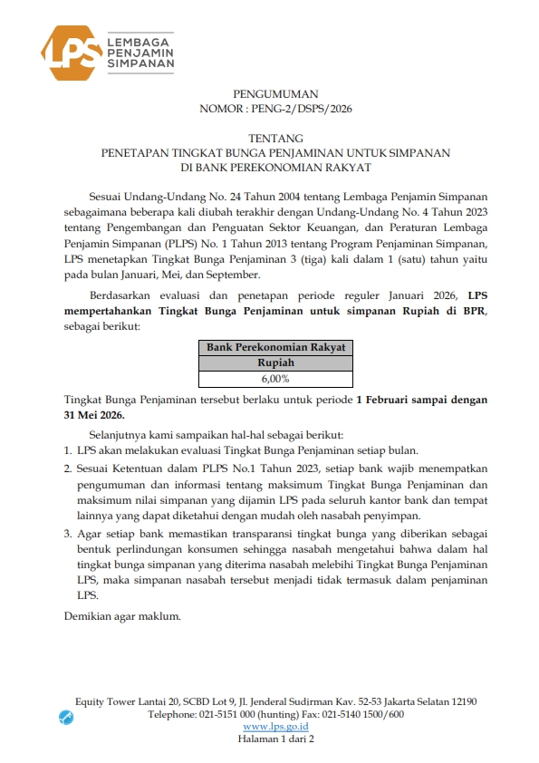 Tingkat Suku Bunga LPS 01 Feb 2026 s/d 31 Mei 2026