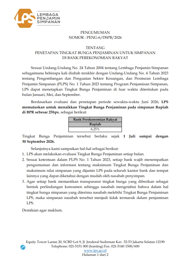 Tingkat Suku Bunga LPS 01 Juli 2026 s/d 30 Sept 2026